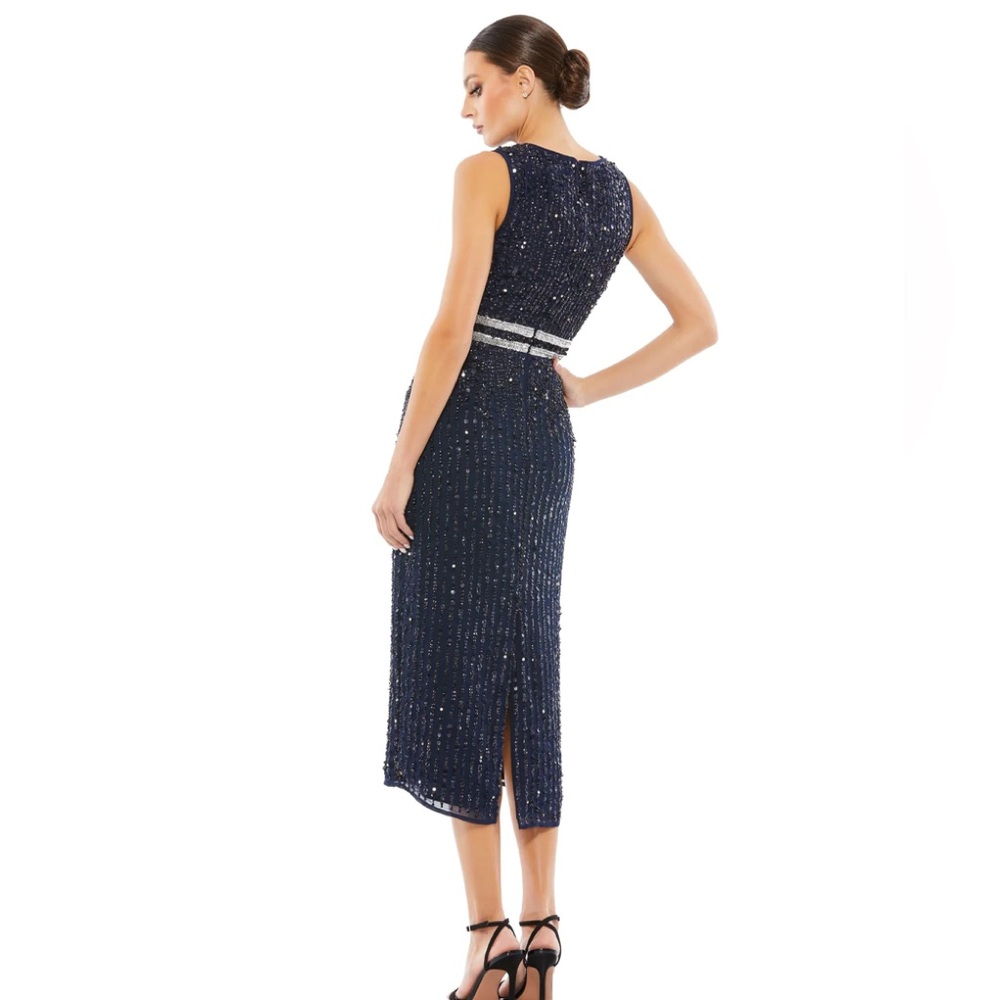Mac‎ Duggal Beaded Sleeveless High Neck Midi Sheath Dress in Navy NWT - Picture 2 of 9